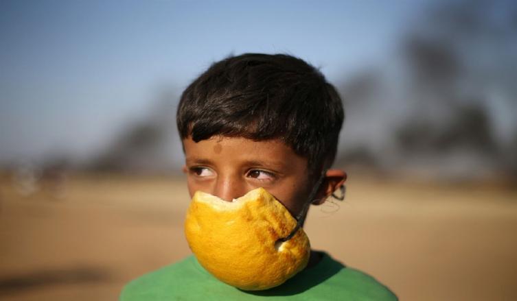 Un chico palestino improvisó una máscara con un pomelo Fuente: Reuters - Crédito: Ibraheem Abu Mustafa