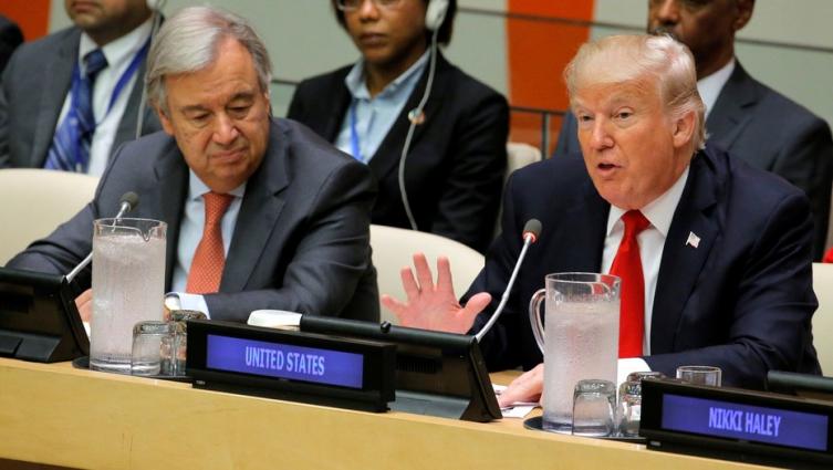 Discurso. El presidente estadounidense Donald Trump y el secretario general de Naciones Unidas, Antonio Guterres, días atrás durante una sesión en la sede del organismo, en Nueva York. /REUTERS