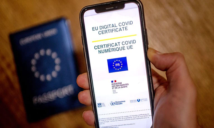 Venden en Telegram certificados falsos de vacunación, como por ejemplo el COVID digital de la Unión Europea. (Photo by Olivier MORIN / AFP)