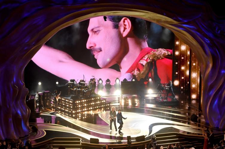 HOLLYWOOD, CALIFORNIA - FEBRUARY 24: An image of the late Freddie Mercury is projected onto a screen while Adam Lambert + Queen perform onstage during the 91st Annual Academy Awards at Dolby Theatre on February 24, 2019 in Hollywood, California. Kevin Win