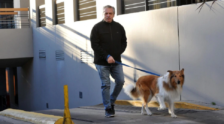El 11 de agosto, antes de votar, Alberto Fernández salió a caminar con Dylan. Este sábado, por la lluvia, dio un paseo corto con su perro EFE/Enrique Garcia Medina