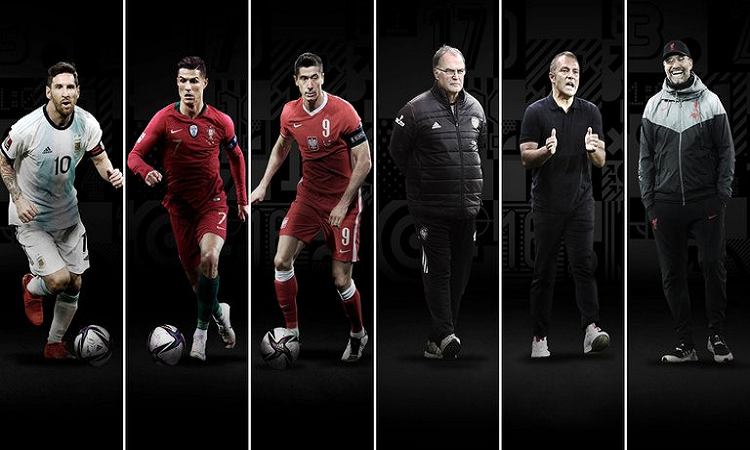 Messi, Cristiano, Lewandowski (candidatos a mejor jugador del año), Bielsa, Flick y Klopp (candidatos a mejor entrenador del año) - infobae